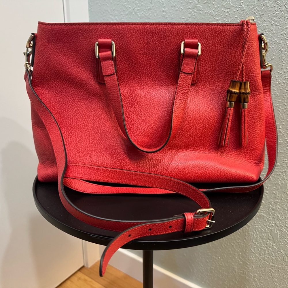 Gucci and Red Leather Tote Handbag with Tassel